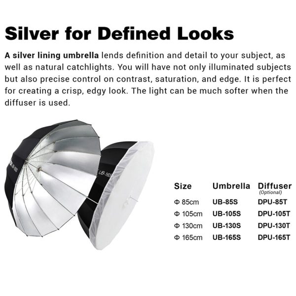 Godox Parabolic Reflective Umbrella 165cm 130cm 105cm Silver / White Lining Diffuser