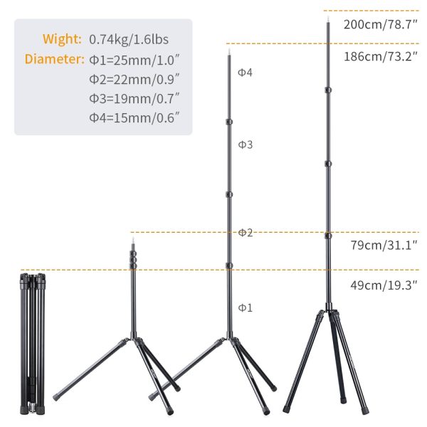 K&F Concept 2Packs 79 inch Aluminium Reversible folding Tripod Light Stands