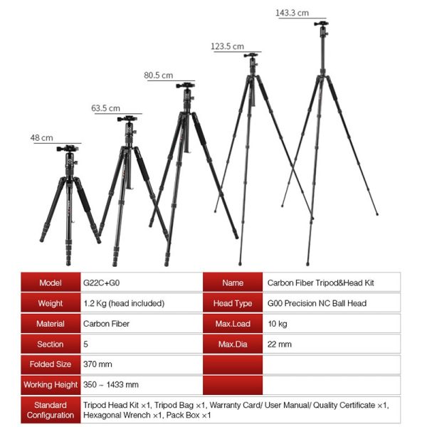 KINGJOY G22C Professional Carbon Fiber Tripod For Digital Camera Tripode Suitable