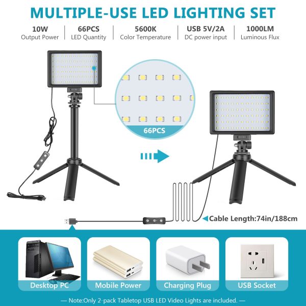 Neewer 2 Packs Portable Photography Lighting Kit Dimmable 5600K USB 66 LED Video with Mini Adjustable Tripod Stand