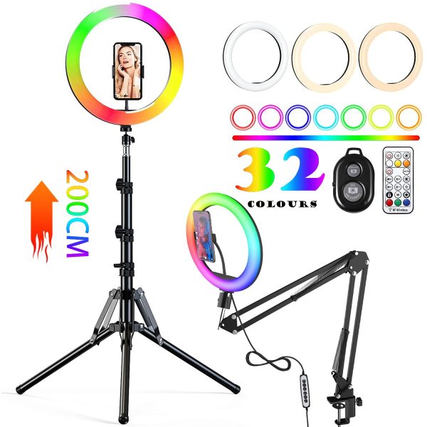 RGB Color Soft Ring Light With Desk Long Arm Tablet Tripod Photography Lighting Selfie RingLight Circle