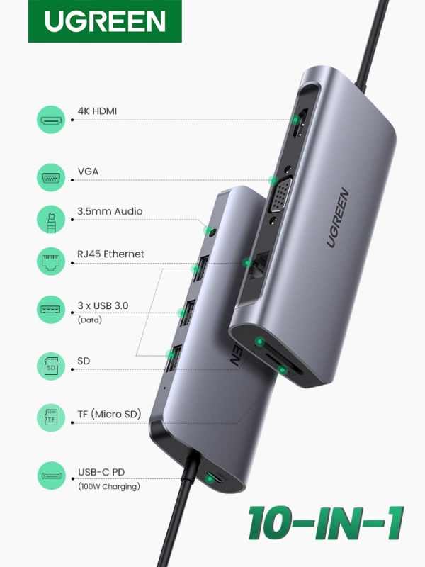 UGREEN USB C HUB 10 in 1 USB Type C to HDMI 4K USB 3.0 VGA PD 3.5mm Full Function HUB