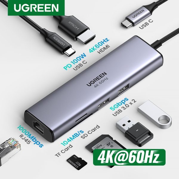 UGREEN USB C HUB 4K 60Hz Type C to HDMI 2.0 RJ45 USB 3.0 PD 100W Adapter For Macbook