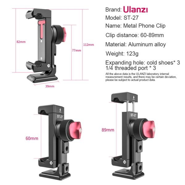 Ulanzi ST-27 Metal Phone Holder Clamp With Cold Shoe Arca 360°Rotatable Smartphone tripod