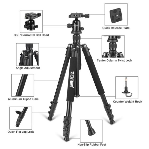 Zomei Q555 Professional Tripod Aluminum Flexible Portable Camera Tripod Stand Tripe with Ball Head